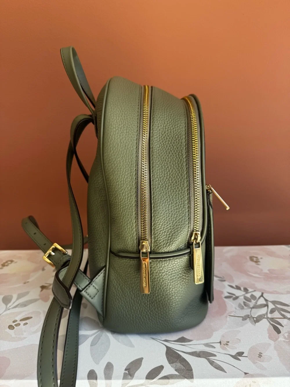 Michael Kors Olive Green Leather Backpack with Gold Hardwarw– Medium - Picture 4 of 12